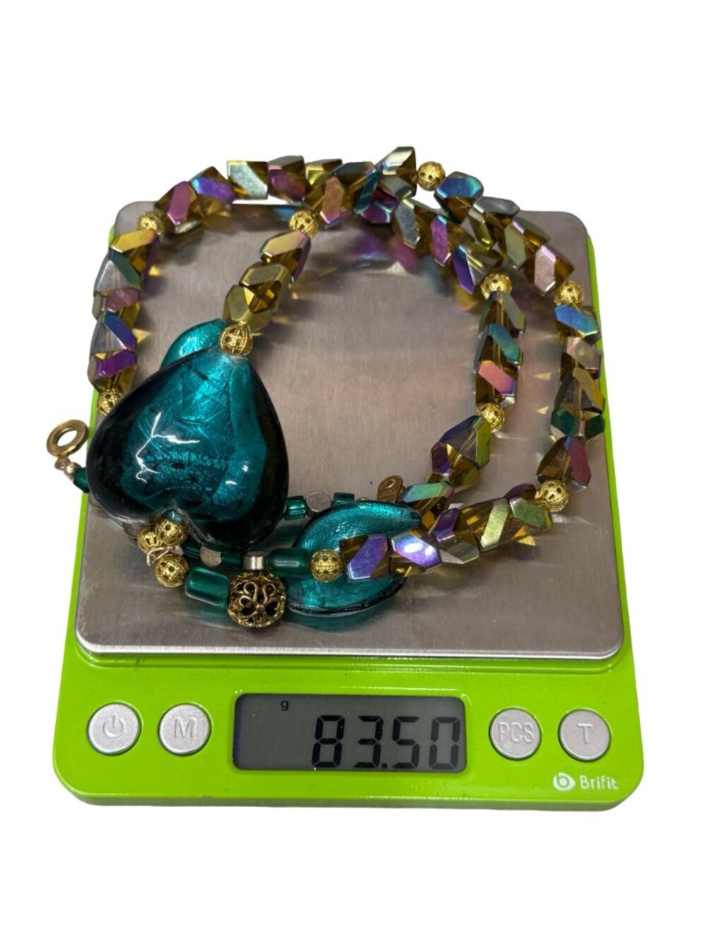 Vintage Green Glass Teal Heart Pendant Necklace AB Oil Spill Beads 24" Statement - Picture 7 of 10